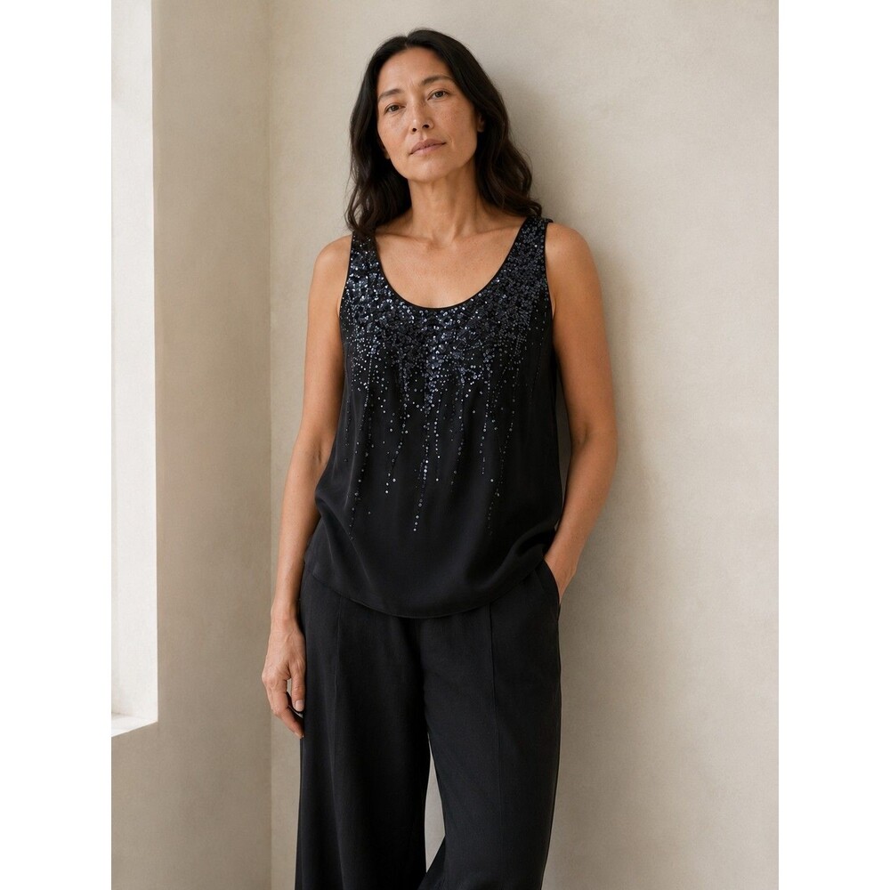 Eileen Fisher Sheer Silk Georgette Sequin Tank Top Double Lined NWT Sz XL